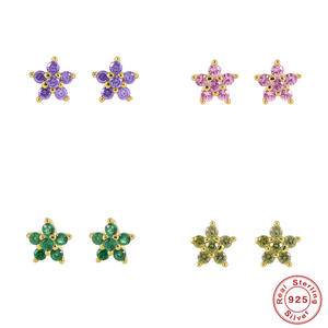 New 925 Sterling Silver Purple Green Petals Color Zircon Snowflake Stud Earrings For Women Piercing Pendientes 2022 Fine Jewelry
