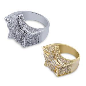  New Trend Hip Hop Jewelry  Gold Plated Star Ring  Out  Zirconia Rings 