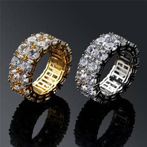  Hot selling Men's Double Row Large Zircon Ring Eternity Ring Wedding Band Gold Plated Hip Hop Jewelry Wide Rings