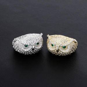 Hip Hop Fine Iced Out Green Eye Owl Ring Gold Micro Cubic Zircon Round Ring Gifts Men  Bling Jewelry Ring Wholesale