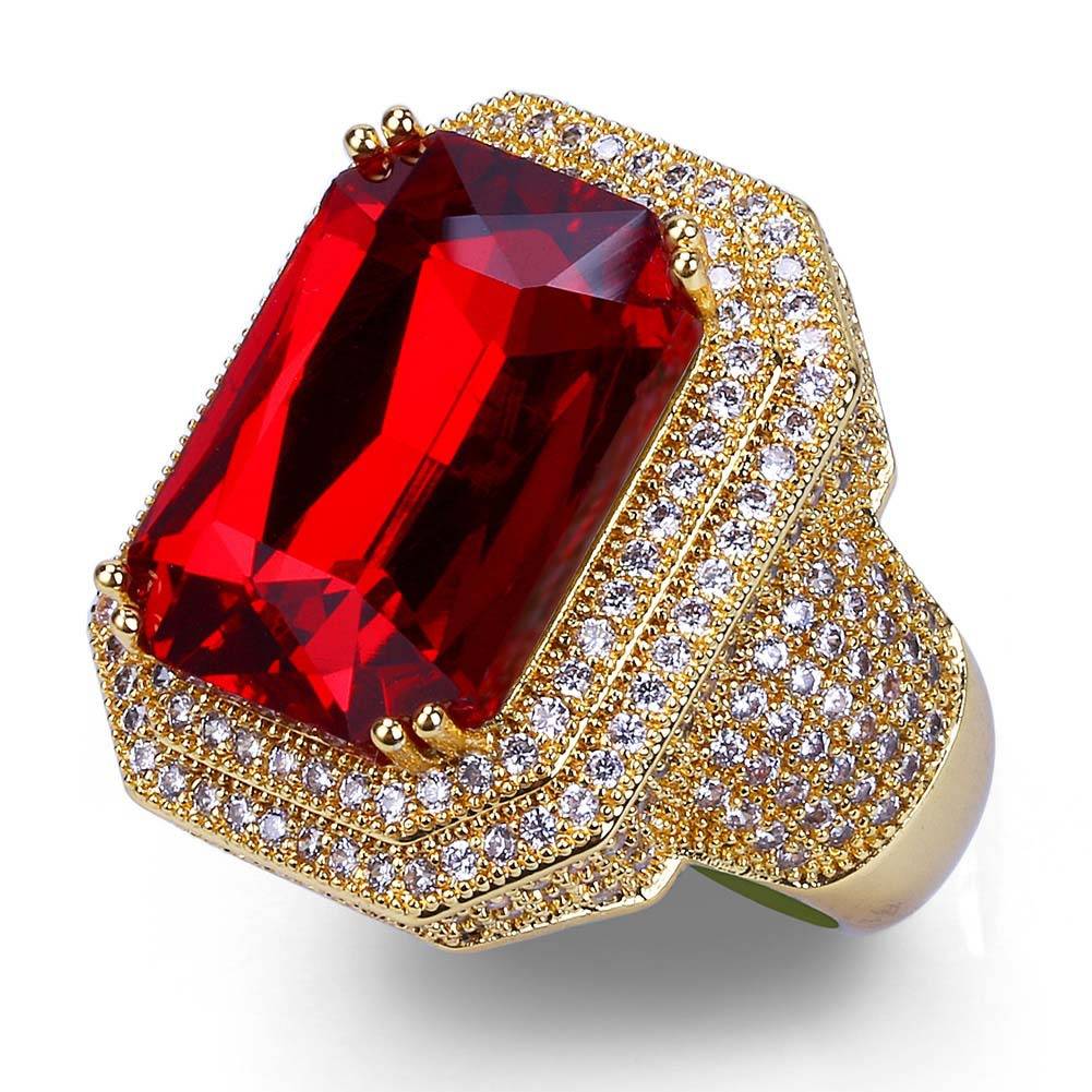 亚马逊热卖欧美新款镀金微镶锆石戒指嘻哈潮人红宝石戒指