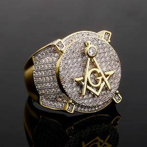 Hip Hop Gold Plated AG Rings Micro Paved Cubic Zircon Masonic Ring Charm For Men Gifts
