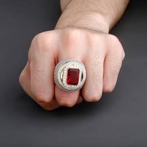 Wholesale Jewelry Hip Hop Ruby Ring Brass Iced Out Big Red  In Gold Silver Big Ring For Men Ring