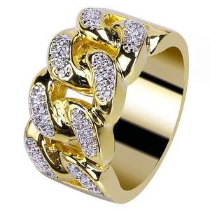 Micro Paved Cubic Zircon Cuban Chain Gold Men's Ring Bresent Hip Hop Jewelry