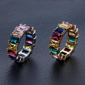 Colorful Rainbow Band Diamonds Ring Iced Out  Zircon  Gold Plated Rings Hip Hop Jewelry For Men Women 