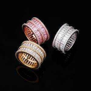 Hot Fashion Double Row Zircon Hip Hop baguette  ring Real Gold Electroplated Hipster Bling Shiny luxury Ring