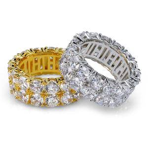  Hot selling Men's Double Row Large Zircon Ring Eternity Ring Wedding Band Gold Plated Hip Hop Jewelry Wide Rings