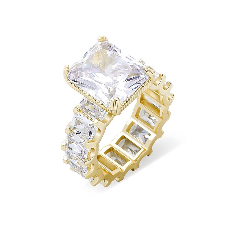 Gold-plated Copper Iced Out High Quality Cubic Zirconia Tennis Ring Hip Hop  Bling Fashion Jewelry For Women Gift