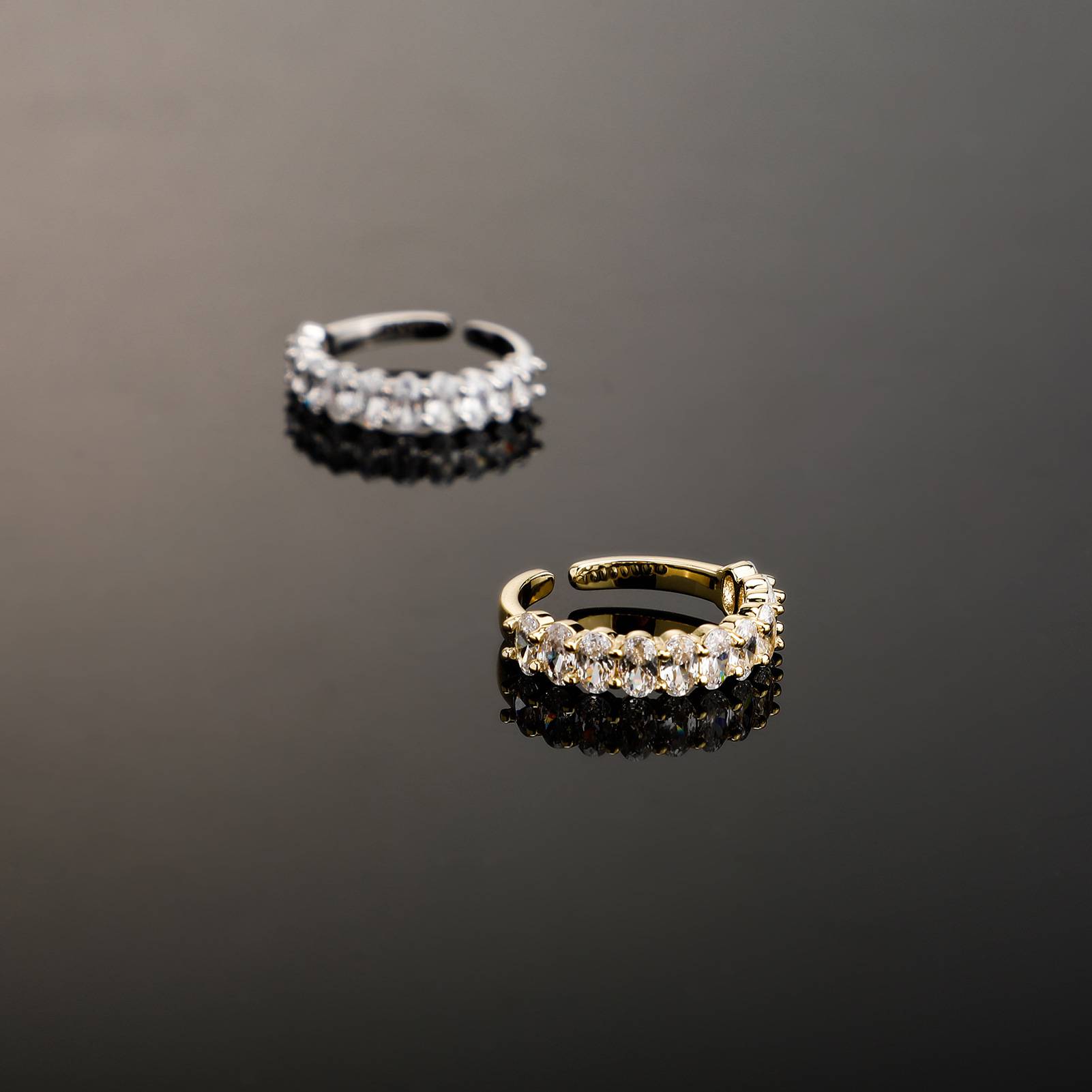 欧美新款超仙椭圆锆石满钻开口戒指法式气质可调节时尚指环女