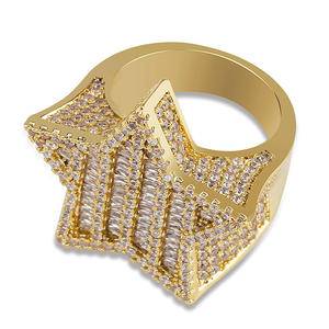 New  Micro Paved Bling Gold Plated  Stone Five-pointed Star Rings Hip Hop Men's Pentagrams Ring