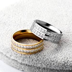Hip Hop Stainless Steel Rings Jewelry 2 Rows Baguette Engagement Ring Iced out Cubic Zircon Diamond Rings for Men Women
