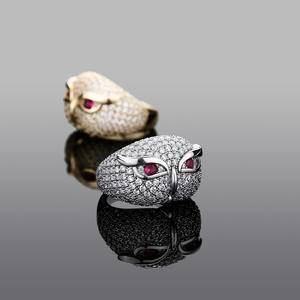  New Trend Hip Hop Jewelry  Gold Plated Red Eyes Owl Ring Iced Out  Zirconia Rings Red Eyes Owl Diamond Ring
