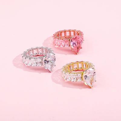  New Luxury Jewelry  White Gold Plated Natural Pink Ruby Ring Iced Out  Cubic Zirconia Ring Big Pink Stone Ring