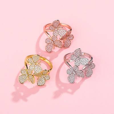  New Trend Hip Hop Jewelry   Plated Iced Out  Cubic Zirconia Rings Adjustable Size 3 Butterflies Rings