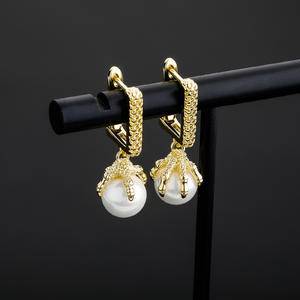  New Hip Hop Jewelry 18K Gold Plated Pearl Drop Earring Ice Out  Cubic Zircon Hoop Earring Pearl Dropping Earrings