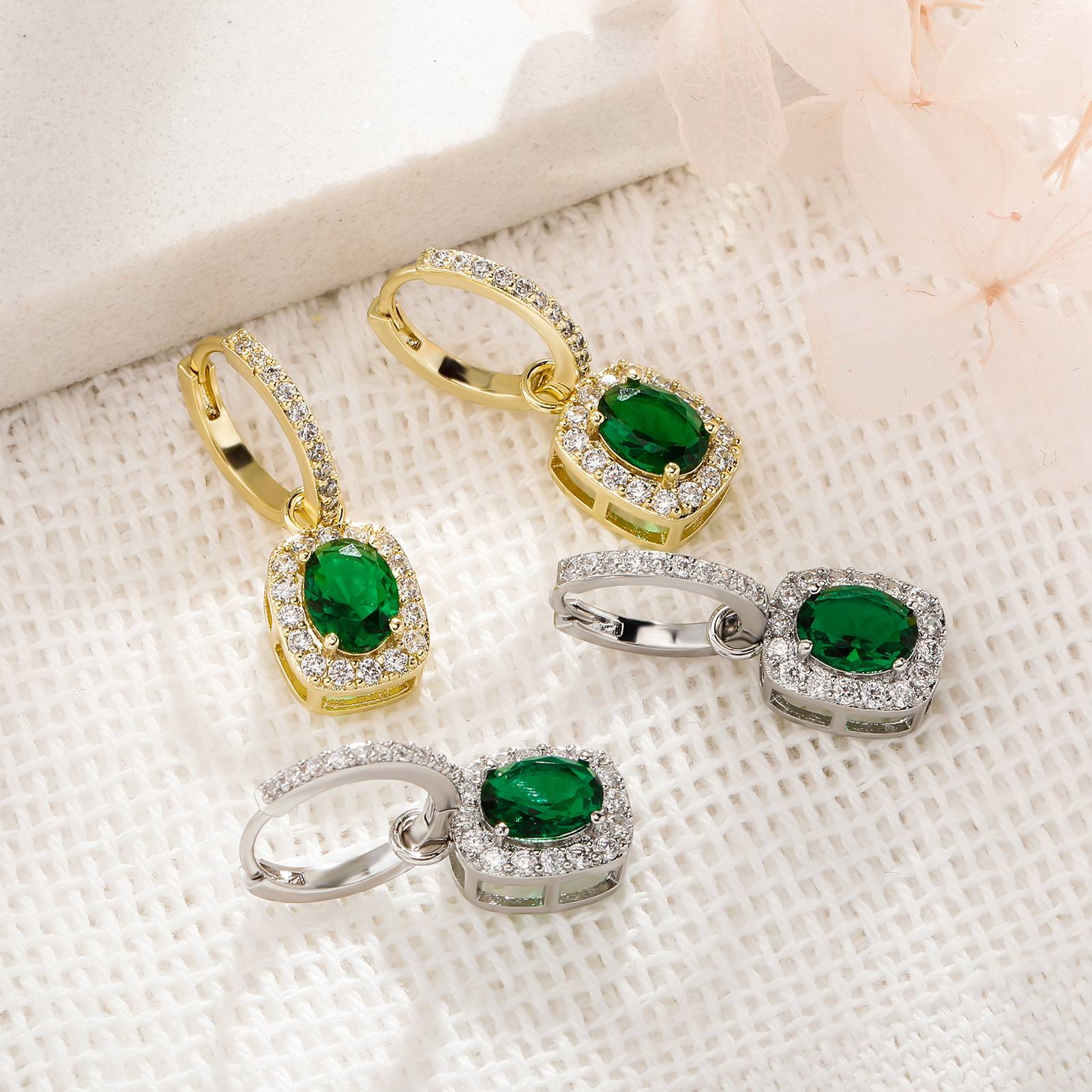  Trendy Gold Plated Micro Paved Crystal Drop Earrings Luxury Emerald Square Stone Drop Earrings For Ladies