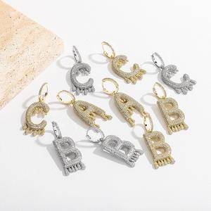 Fashion Gold Plated Zircon Alphabet 26 Initial Letters Charm Dangle Hoop Earrings For Women