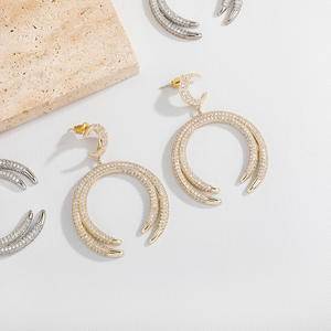  New 18K Gold Full Diamond Moon Shape Hoop Earrings For Women