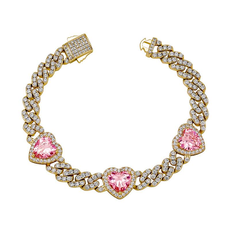 Hip Hop Jewelry For Women Diamond Bangle Iced Out  Cubic Zirconia Bracelet 8mm Pink Heart Cuban Chain Bracelet Fashion Jewelry