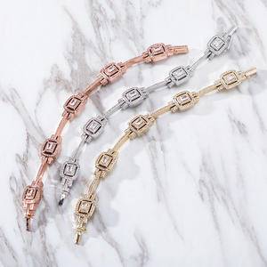 Iced Out  Baguette Bracelet For Women Men In Gold Silver Zircon Prong Setting Brass Bracelet Bangles Daily Hip-hop Jewelry