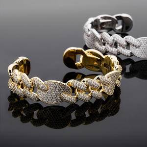 Hip Hop Style Men's Bracelet Jewelry 16MM 14 k Gold Plated Brass CZ Iced Out Diamond Open Cuff Bangle