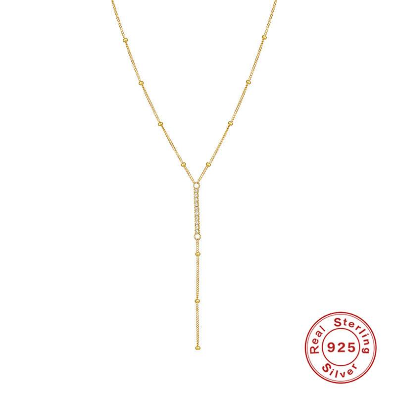 925 Sterling Silver Simple Y Shape Design Chain Zircon Tassel Pendant Necklace For Women Rhinestone Crystal Choker Jewelry Gifts