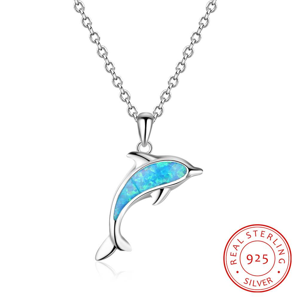  Wholesale Fashion Aquarium Gift 925 Sterling Silver Dolphin Necklace With Blue Opal Inlay