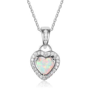 925 Sterling Silver Opal Heart Pendant Necklace Jewelry