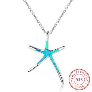  Ocean Plant Starfish Opal Necklace Opal Starfish Pendant Necklace for Beach Holiday Jewelry Blue S925 Sterling Silver