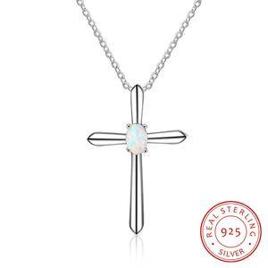  New Delicate Jewelry S925 Sterling Silver Opal Cross Pendant Necklace Long Chain Cross Necklace For Women