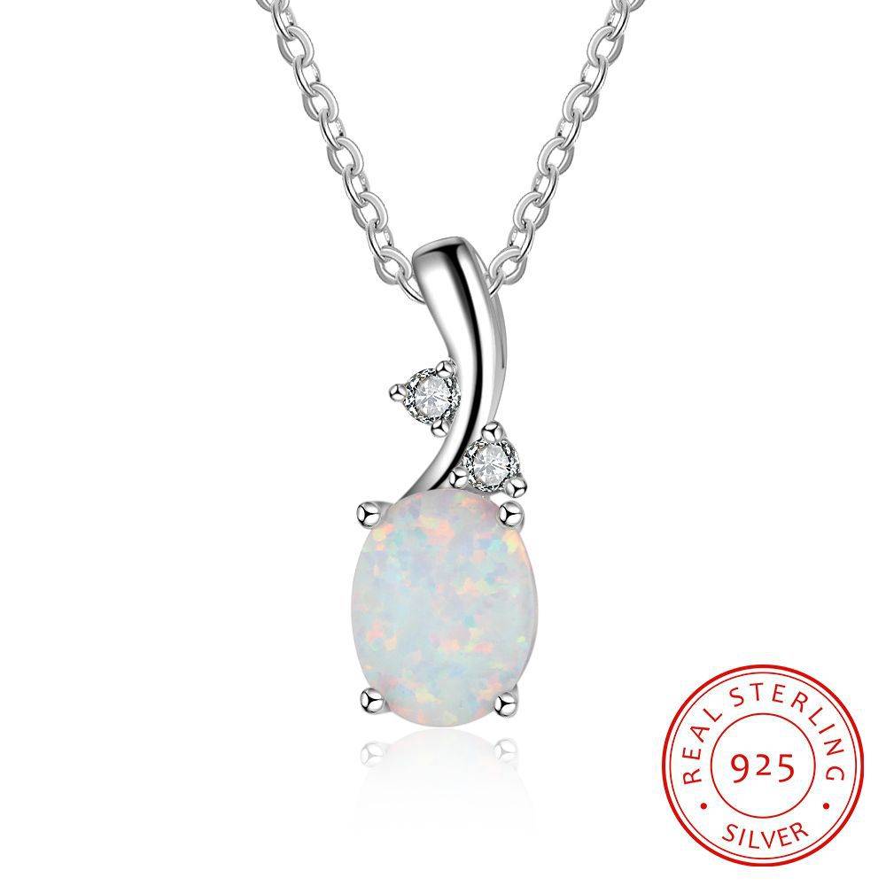   Silver 925 Pendant White Faceted Bead Oval Opal Stone Necklace with  Zircon Fashion  Jewelry