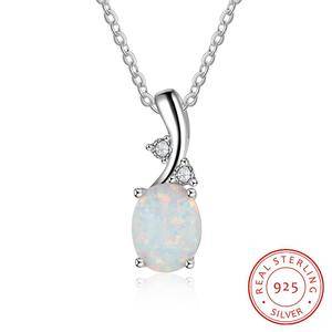   Silver 925 Pendant White Faceted Bead Oval Opal Stone Necklace with  Zircon Fashion  Jewelry