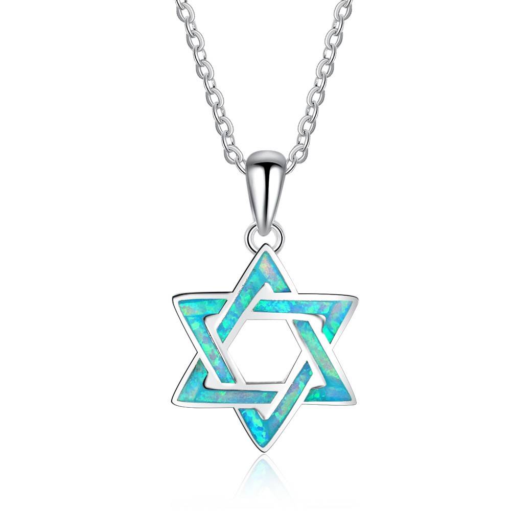  Souvenir Jewelry S925 Sterling Silver Six Pointed Star  Charm Simulated Opal Necklace