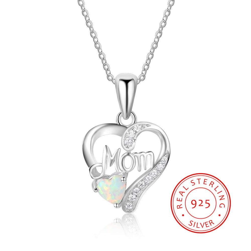  Mom Letter Sterling Silver 925 Simulated White Blue Opal Stone Heart Shape Pendent Necklace With Zircon Diamond