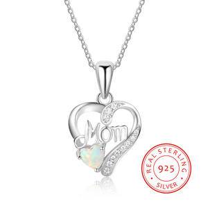  Mom Letter Sterling Silver 925 Simulated White Blue Opal Stone Heart Shape Pendent Necklace With Zircon Diamond