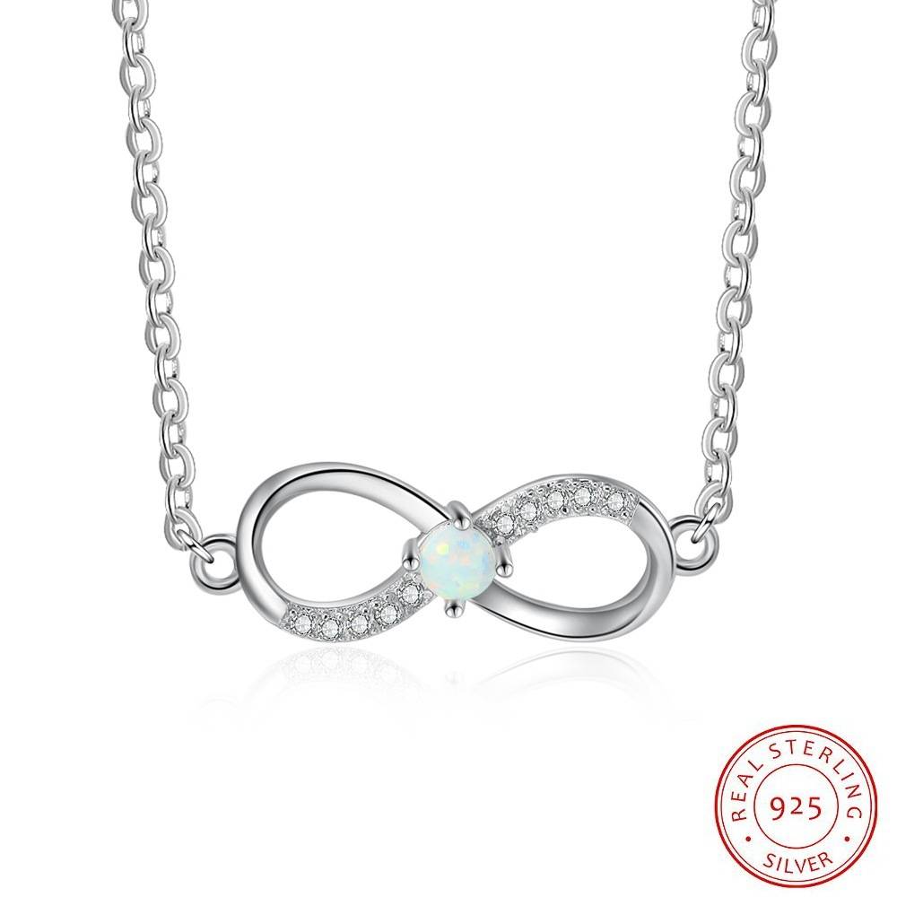  925 Sterling Silver  White Opal Endless Love Symbol Pendant Infinity Necklace For Women
