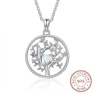  925 Sterling Silver Zircon Round Heart Shape White Opal Pendant Jewelry Tree Of Life Necklace