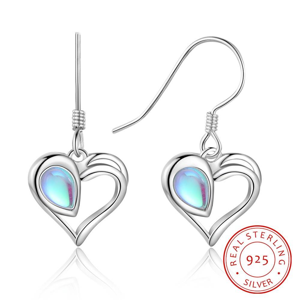  S925 Silver Popular Moonstone Earrings Heart Pendant Earrings