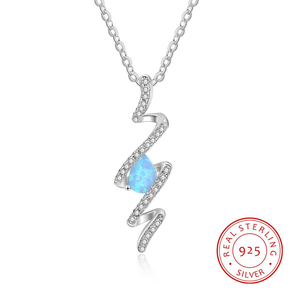 925 Sterling Silver Wave Design Blue Fire Opal Pendant Necklace Wave Opal Necklace for Womens Gifts