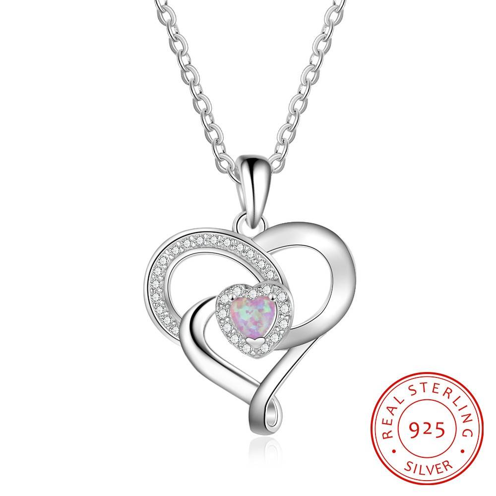  925 Sterling Silver Pink Opal Stone Inlay Pendant Double Heart Necklace For Women