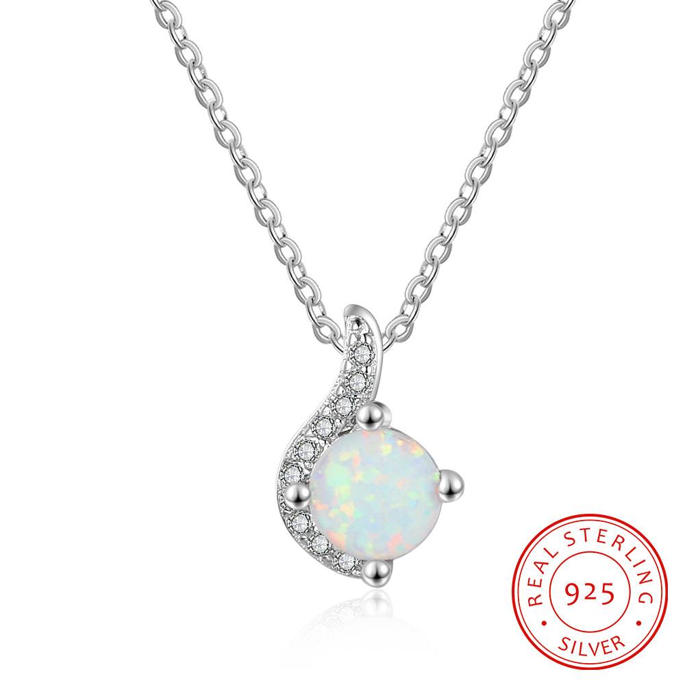  Sterling Silver 925 Beaded Synthetic  White Stone Pendant Opal Gemstone Necklace with Zircon