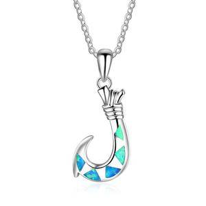 925 Sterling Silver Sea Life Jewelry Blue Opal Fish Hook Pendant Necklace for Women Men