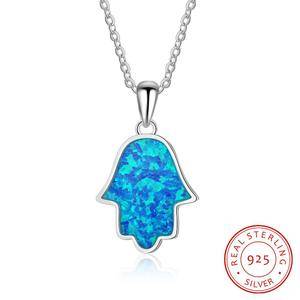  Fashion Silver Jewelry, 925 Sterling Silver Hamsa Blue Fire Opal Necklace for Women Gifts