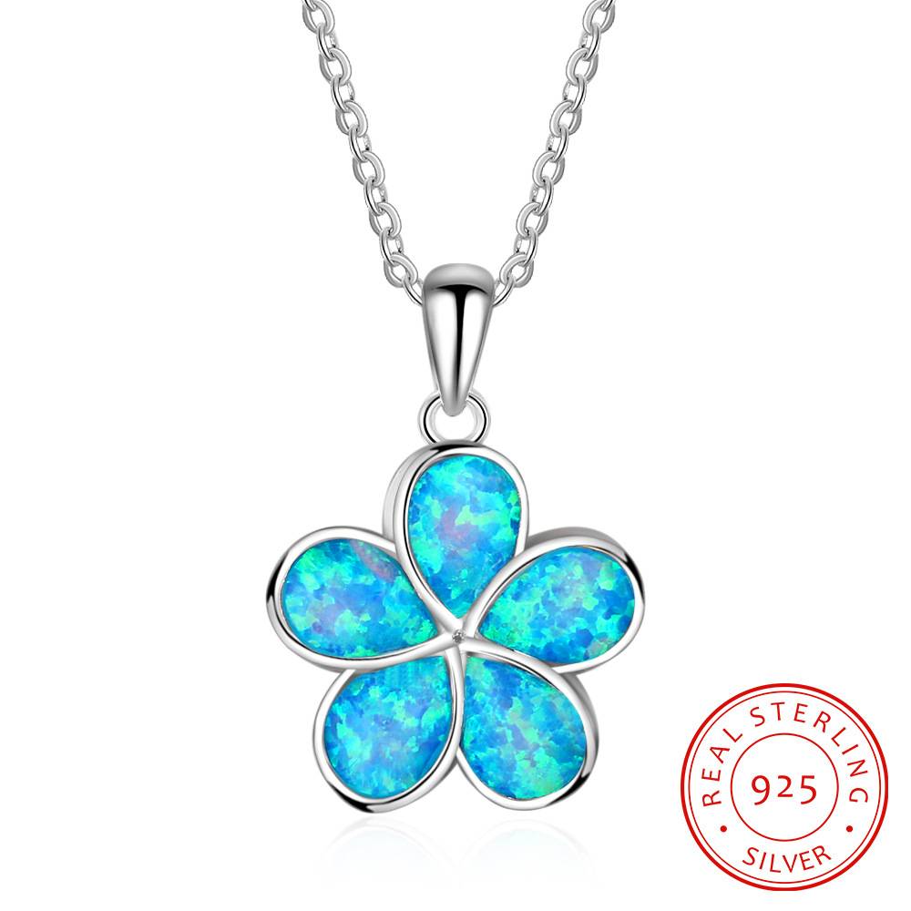  Elegant Style 925 Sterling Silver Blue Opal Stone Flower Necklace For Women Girls