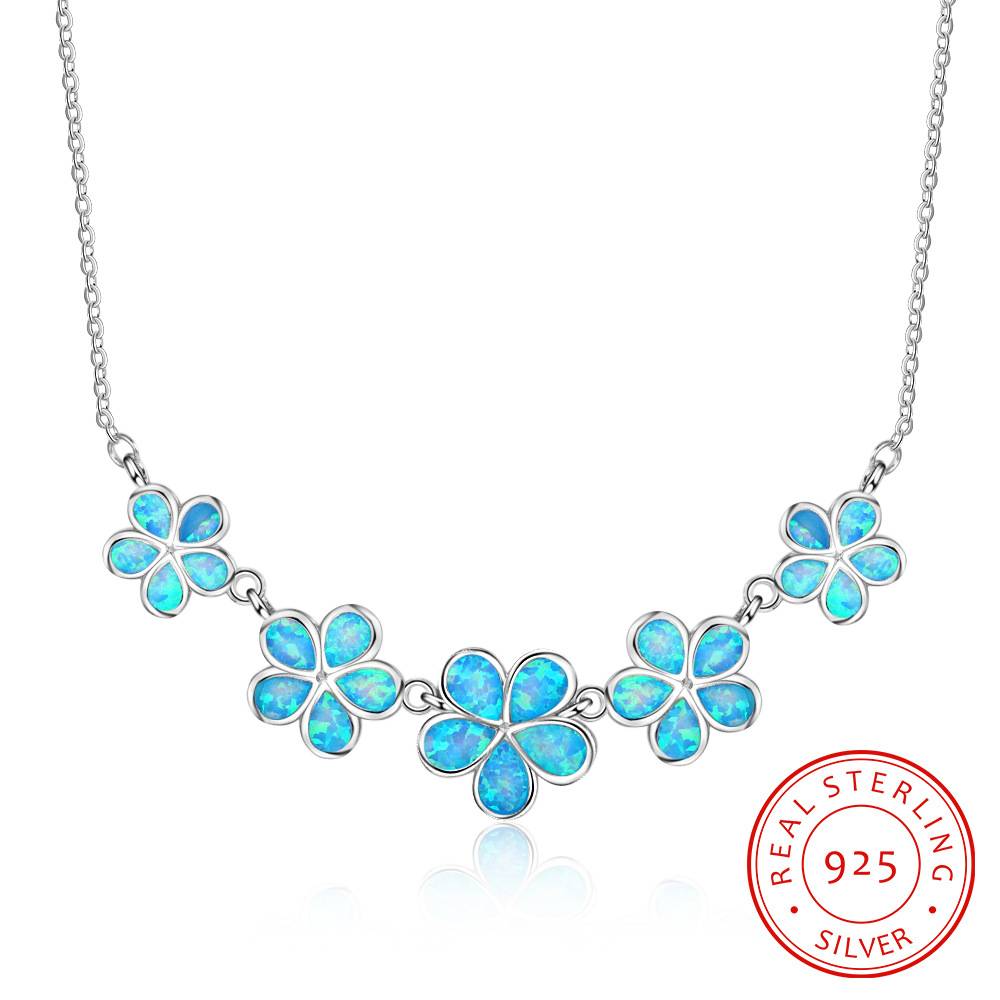  Blue Opal Hawaii Flower Necklace S925 Sterling Silver Jewelry Cute Blue Opal Flower Pendant Necklace for Women Girls
