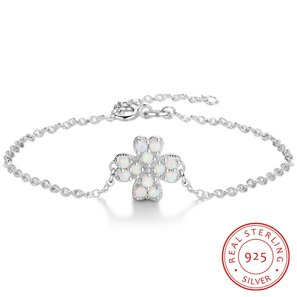  Fashion Flower Shaped 925 Silver Daisy Cherry Stretch   Silver Opal Charm Bracelet Lady Jewelry
