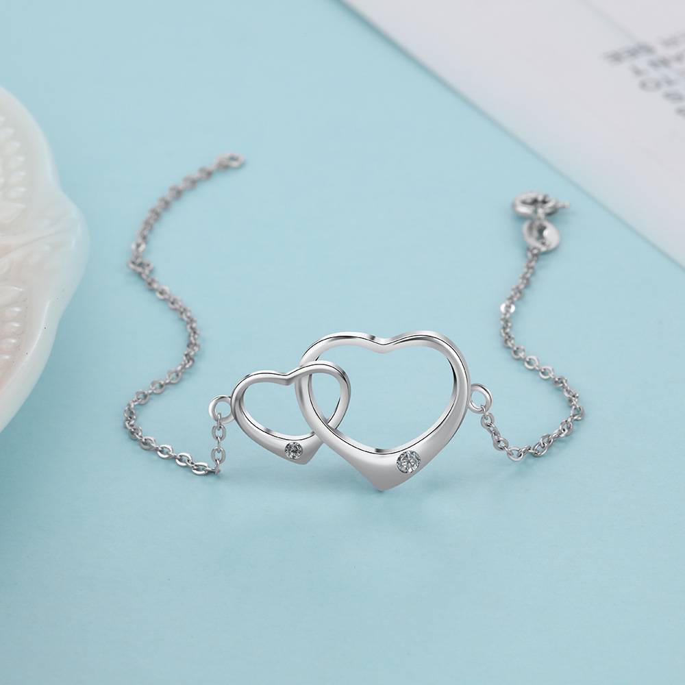 新款韩版S925银简约个性女士双心带钻银手链饰品批发