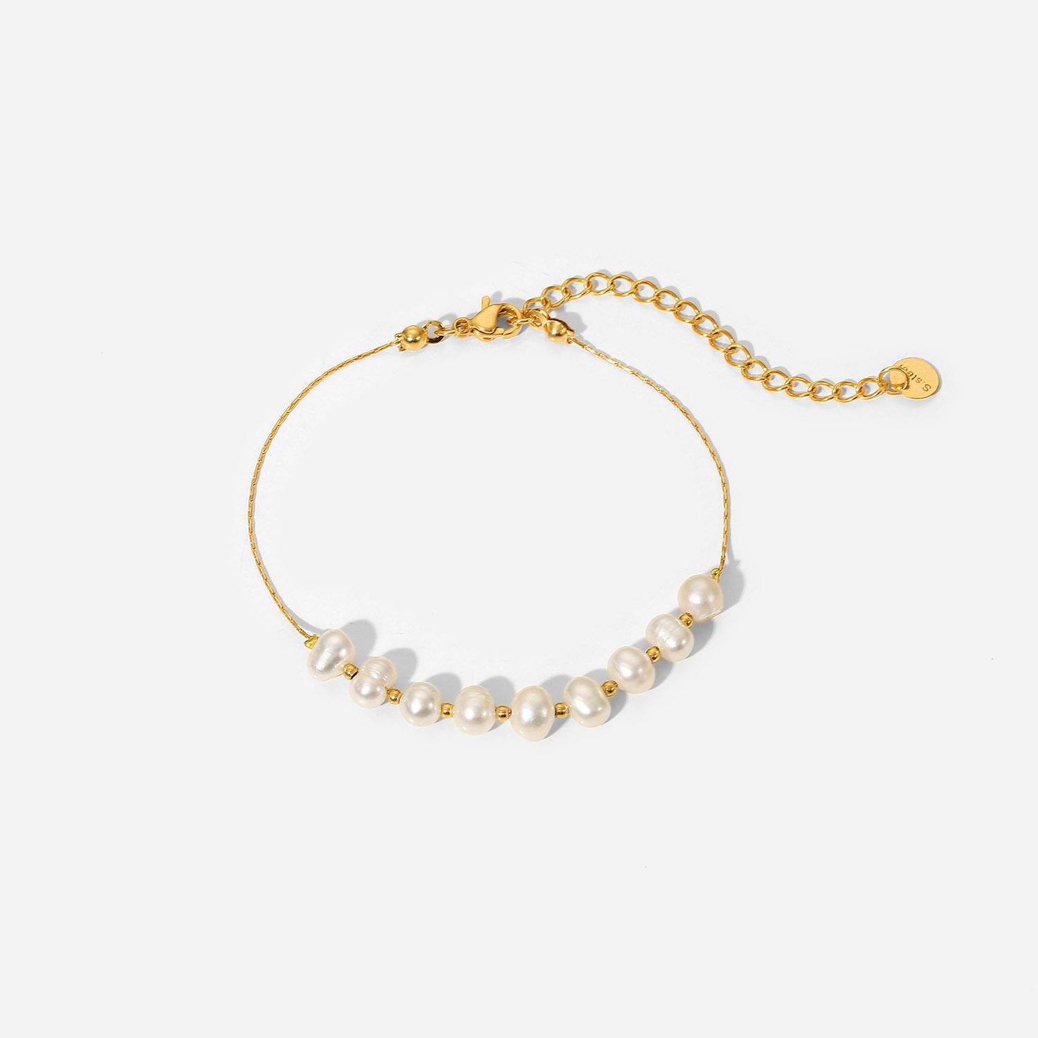 天然淡水珍珠不锈钢手链手镯首饰 女式礼物PVD电镀18k金链式手链