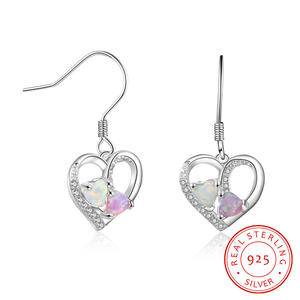 925 Sterling Silver Pink Opal Stone Inlay Earrings Double Heart Earrings For Women