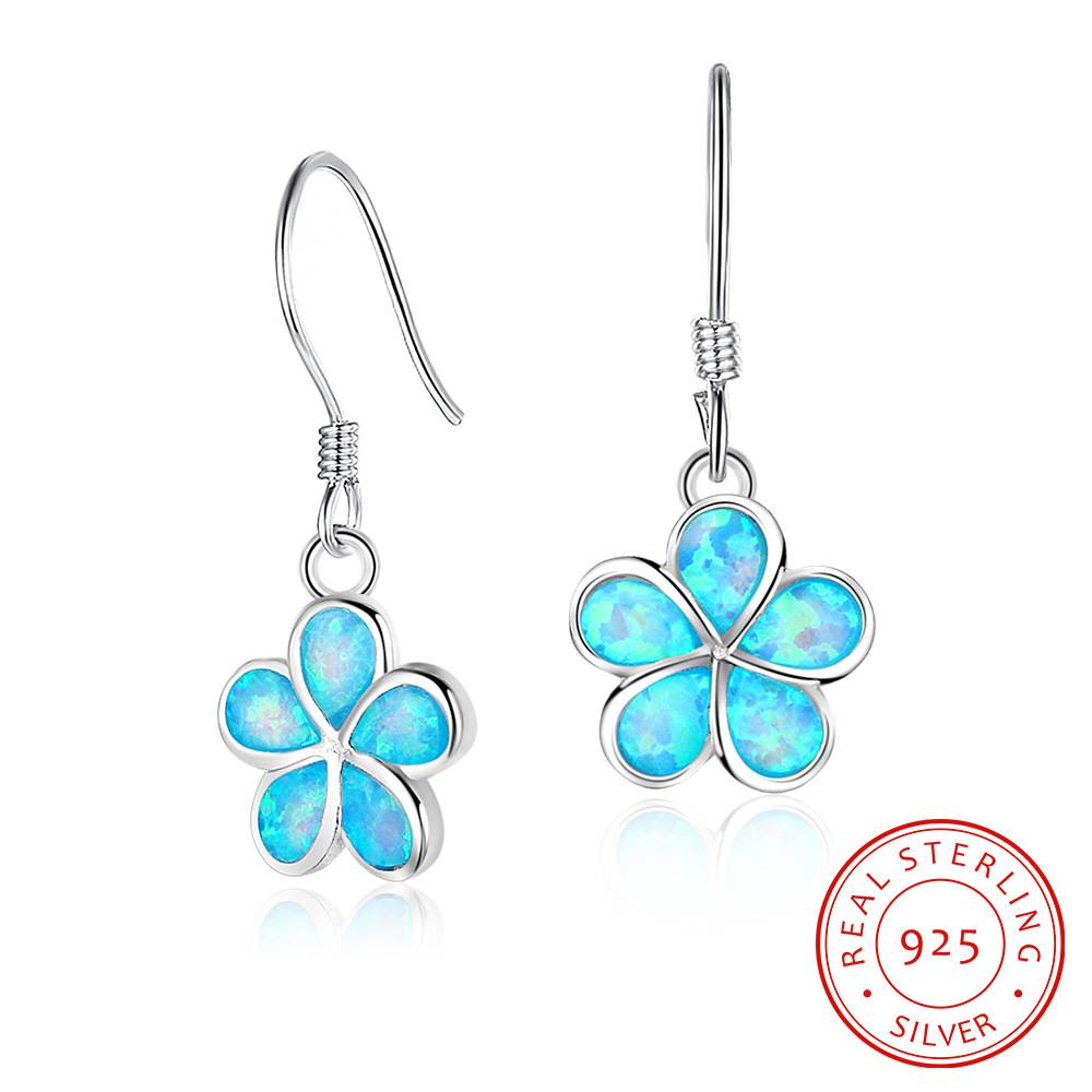  Beautiful  Plumeria Flower Earrings S925 Sterling Silver Blue Opal Flower Drop Earrings for Women Girls